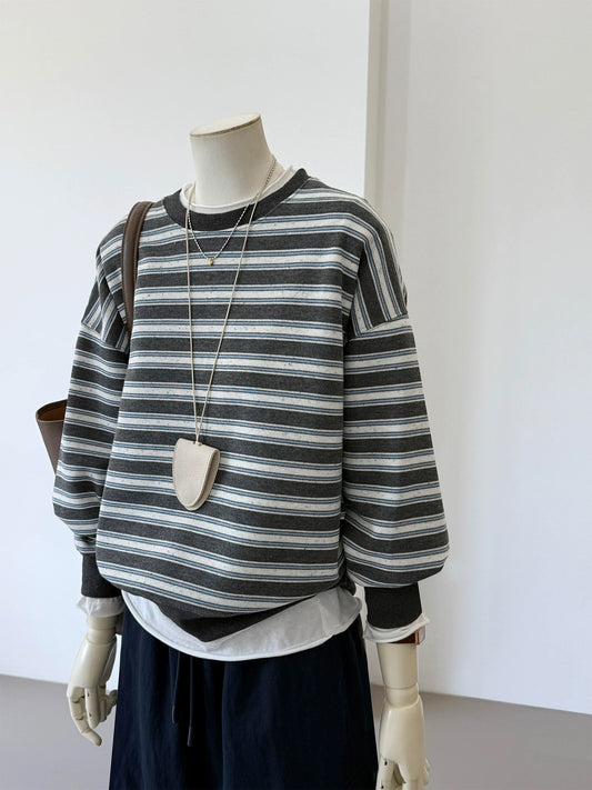 CHAO-level recommendation! The best outfit for autumn~ Korean style contrast striped round neck, age-reducing lazy casual long-sleeved sweatshirt