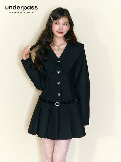 Underpass original design college style large lapel waist pleated dress A-line high-end slimming skirt