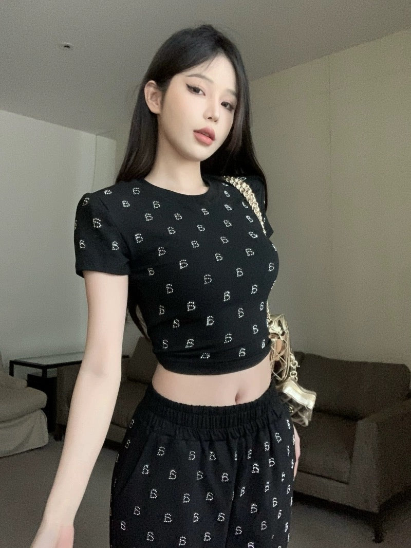 Letter hot diamond short-sleeved T-shirt top for women summer sweet and spicy suit high-waisted casual wide-leg pants two-piece set