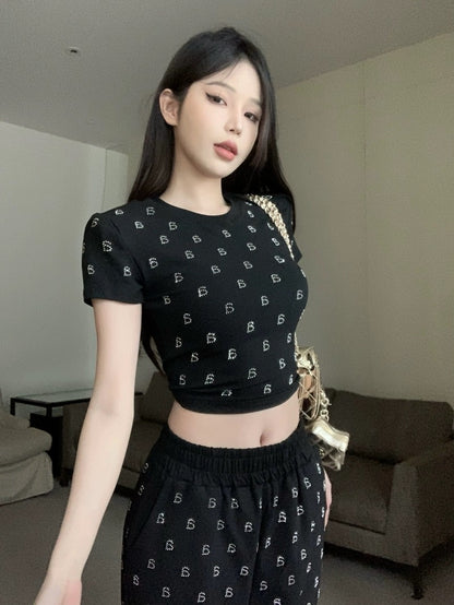 Letter hot diamond short-sleeved T-shirt top for women summer sweet and spicy suit high-waisted casual wide-leg pants two-piece set