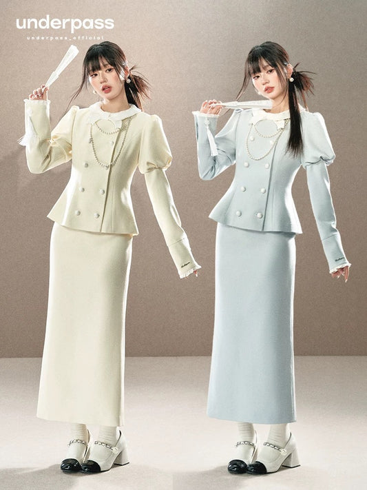 Underpass original design French style puff sleeves double breasted top long fishtail skirt suit skirt