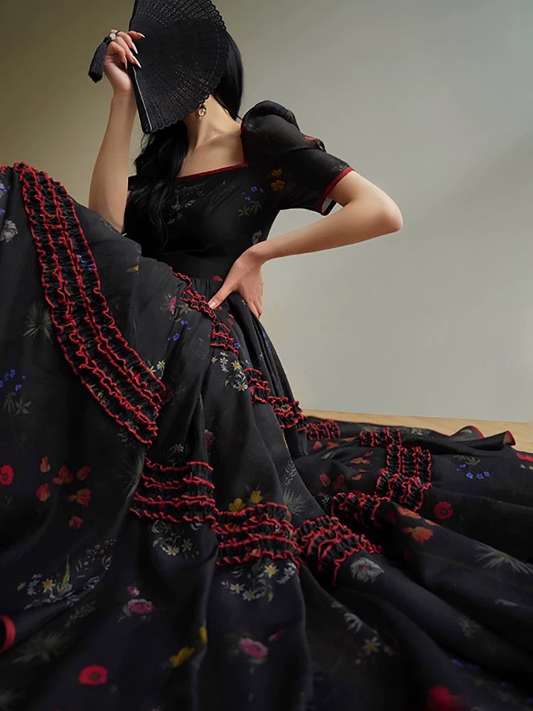 Aconiconi｜Lan Ye French retro temperament printed tea dress romantic waist long dress summer