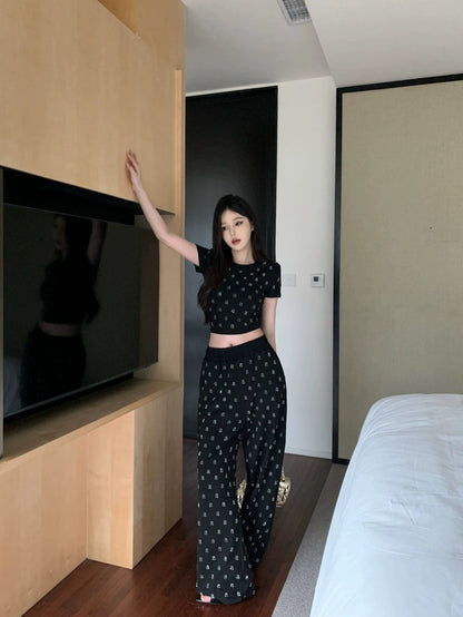 Letter hot diamond short-sleeved T-shirt top for women summer sweet and spicy suit high-waisted casual wide-leg pants two-piece set