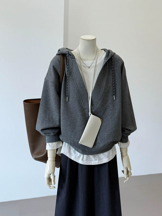CHAO-level recommendation! Autumn breeze ~ Korean gray fake two-piece casual layered commuter design hooded sweatshirt