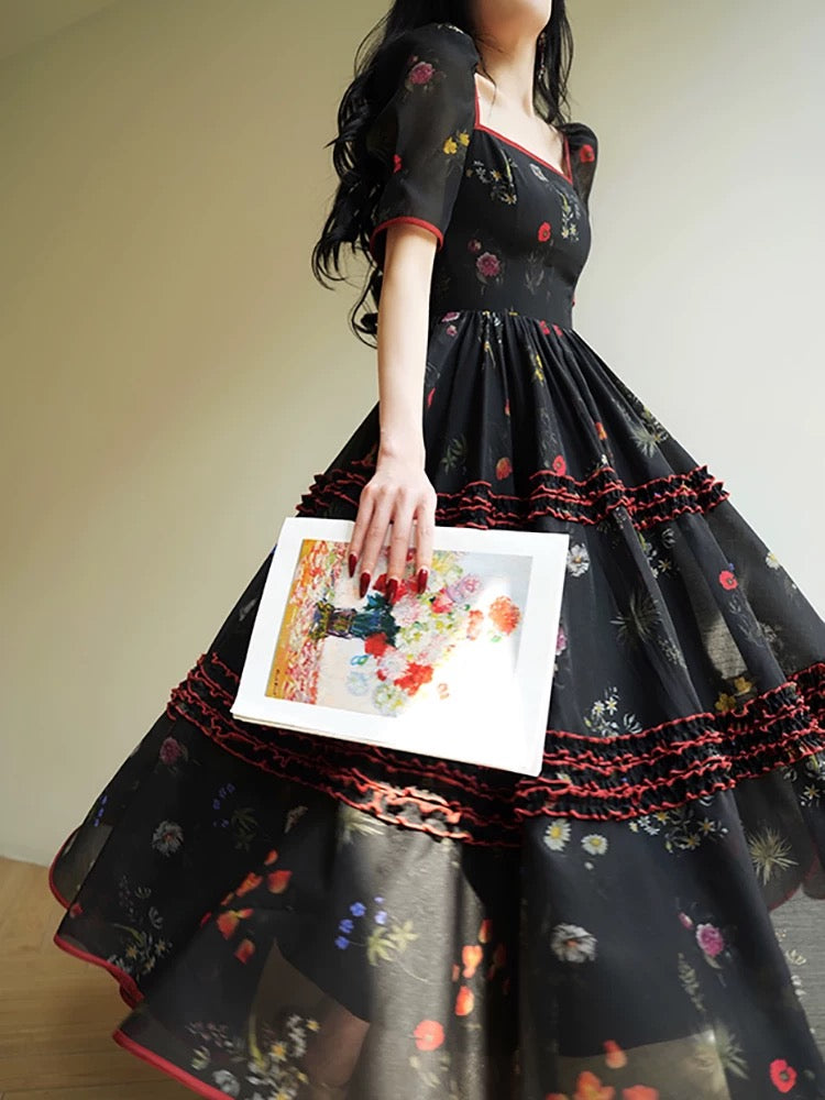 Aconiconi｜Lan Ye French retro temperament printed tea dress romantic waist long dress summer