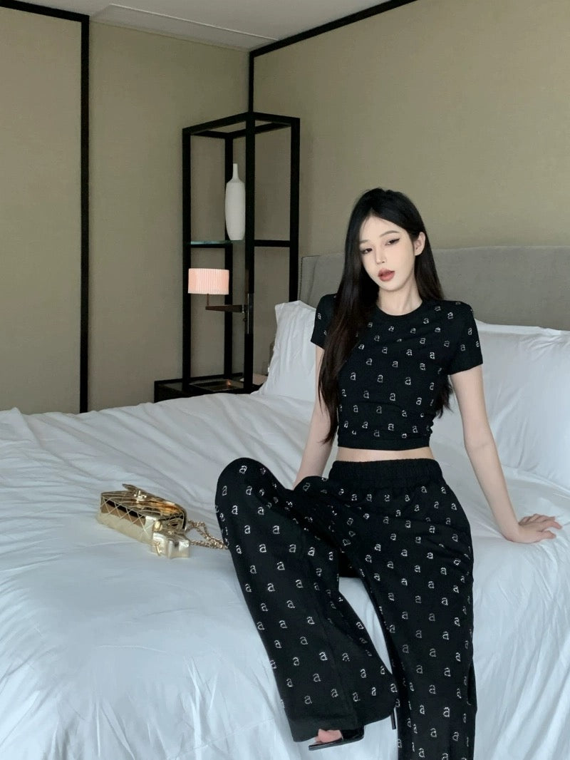 Letter hot diamond short-sleeved T-shirt top for women summer sweet and spicy suit high-waisted casual wide-leg pants two-piece set
