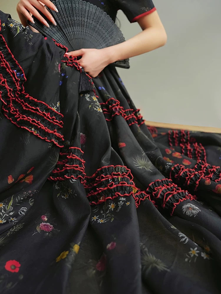 Aconiconi｜Lan Ye French retro temperament printed tea dress romantic waist long dress summer