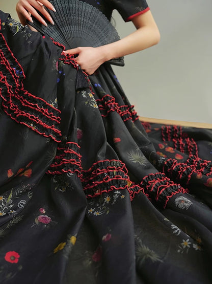 Aconiconi｜Lan Ye French retro temperament printed tea dress romantic waist long dress summer