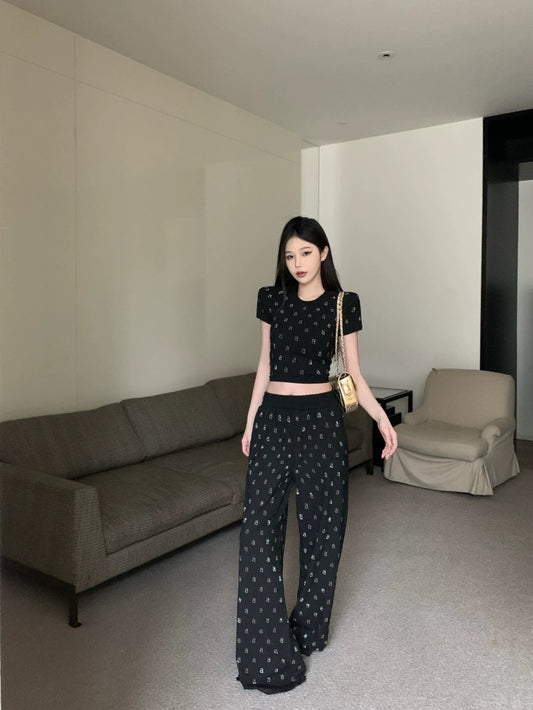 Letter hot diamond short-sleeved T-shirt top for women summer sweet and spicy suit high-waisted casual wide-leg pants two-piece set