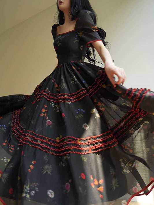Aconiconi｜Lan Ye French retro temperament printed tea dress romantic waist long dress summer