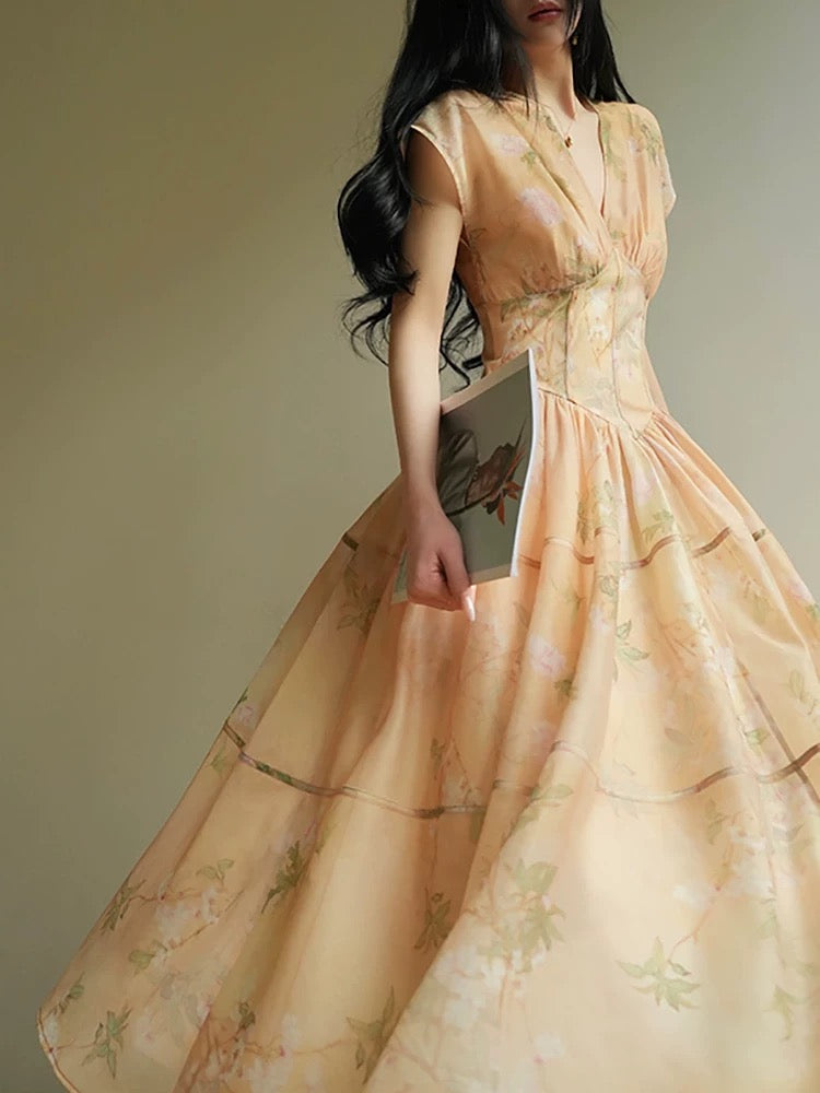 Aconiconi｜Xijian New Chinese Printed Dress 25 Summer Waist V-neck Exquisite Quiet Tea Dress