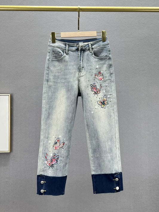 National style embroidered eight-point jeans for women, trendy 2024 new spring and summer high-waist slimming straight cigarette pants