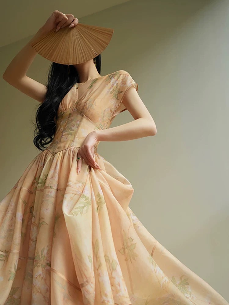 Aconiconi｜Xijian New Chinese Printed Dress 25 Summer Waist V-neck Exquisite Quiet Tea Dress