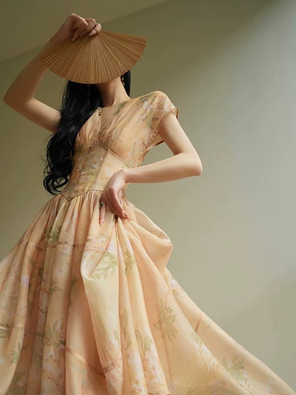 Aconiconi｜Xijian New Chinese Printed Dress 25 Summer Waist V-neck Exquisite Quiet Tea Dress