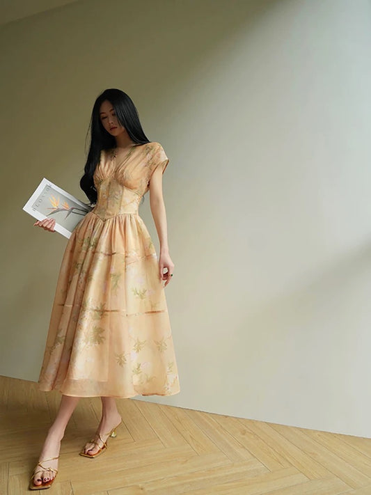 Aconiconi｜Xijian New Chinese Printed Dress 25 Summer Waist V-neck Exquisite Quiet Tea Dress
