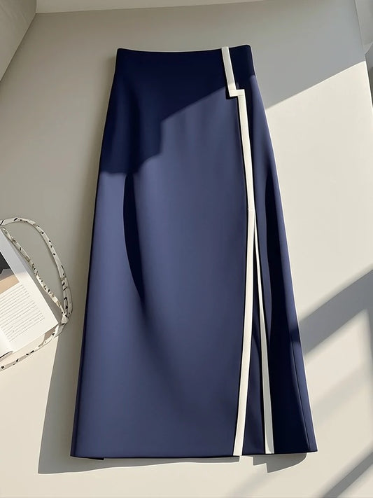 Unique tummy-covering, tall-waisted, slim-looking navy blue skirt for tall ladies, high-end goddess style and high-end sense