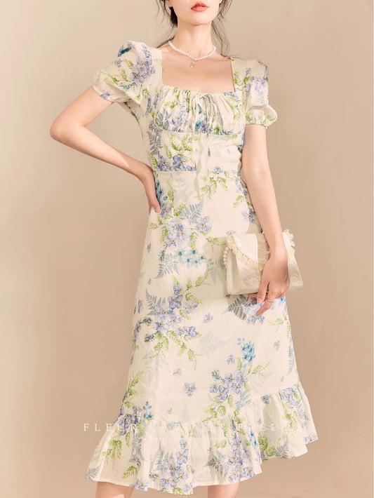 French dress, long, high-end, short-sleeved, floral holiday-style print, retro, romantic, beautiful long dress for summer