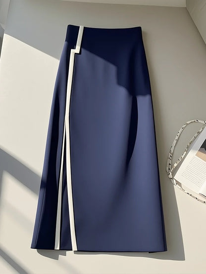 Unique tummy-covering, tall-waisted, slim-looking navy blue skirt for tall ladies, high-end goddess style and high-end sense