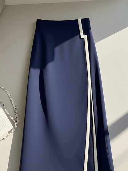 Unique tummy-covering, tall-waisted, slim-looking navy blue skirt for tall ladies, high-end goddess style and high-end sense