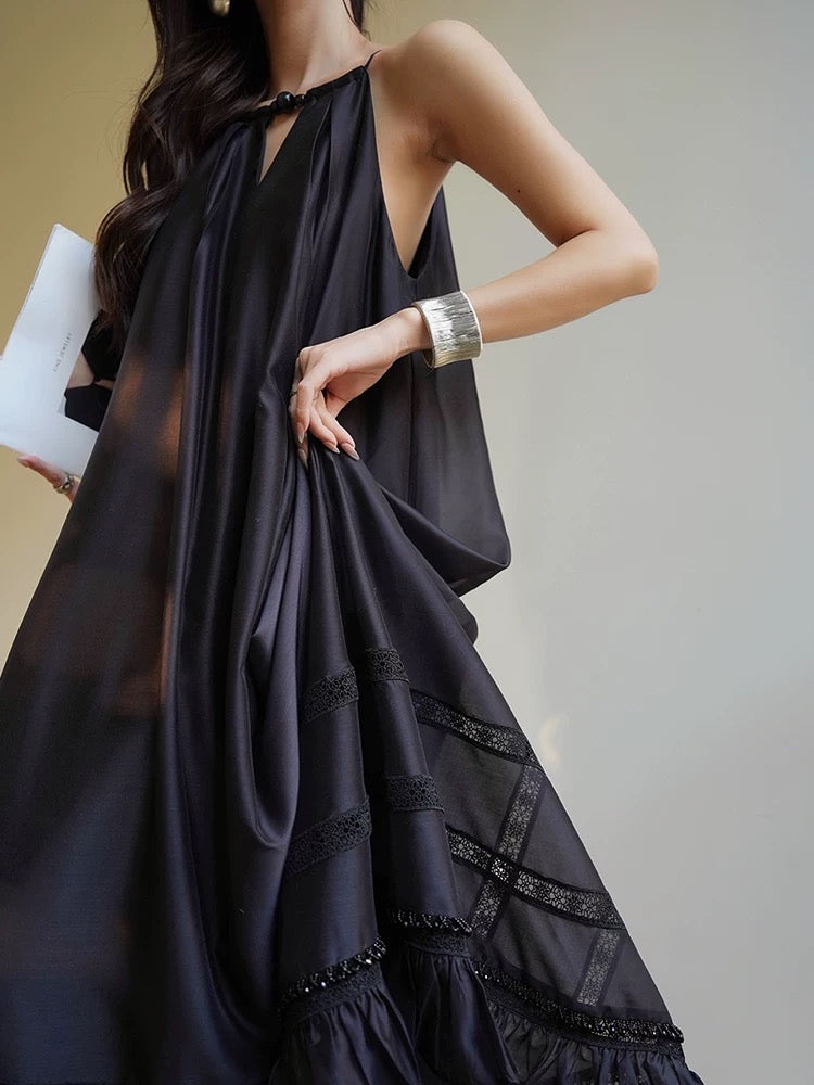 Aconiconi｜Mowu high-end design temperament black long dress holiday dress halter neck suspender dress