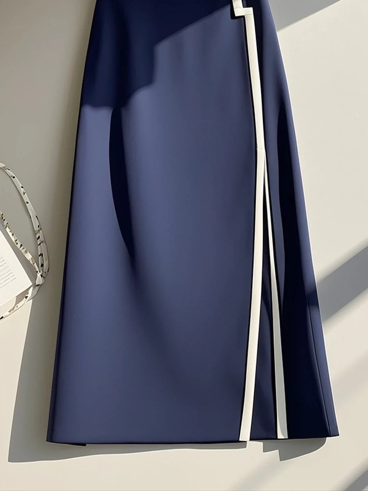 Unique tummy-covering, tall-waisted, slim-looking navy blue skirt for tall ladies, high-end goddess style and high-end sense