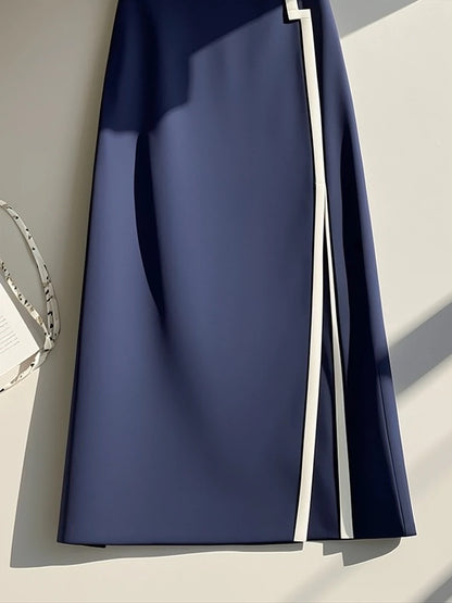 Unique tummy-covering, tall-waisted, slim-looking navy blue skirt for tall ladies, high-end goddess style and high-end sense