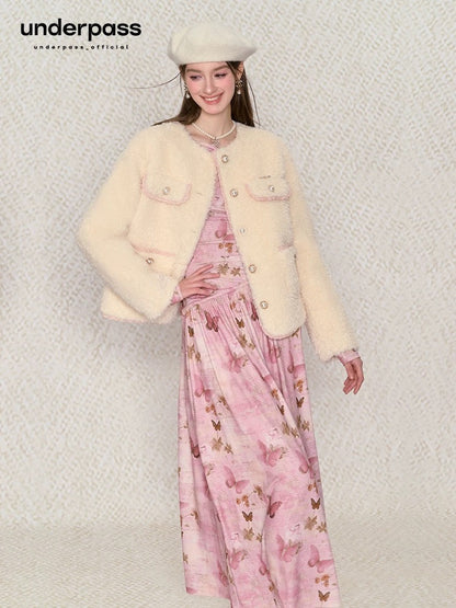 Underpass Original Off-White Dianjin Xiaoxiang Style Contrast Color Lace Plush Velvet Thickened Warm Short Jacket for Women