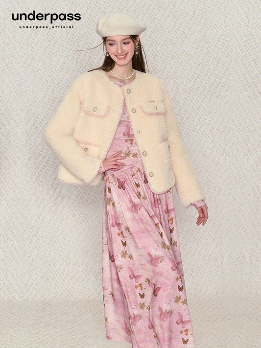 Underpass Original Off-White Dianjin Xiaoxiang Style Contrast Color Lace Plush Velvet Thickened Warm Short Jacket for Women