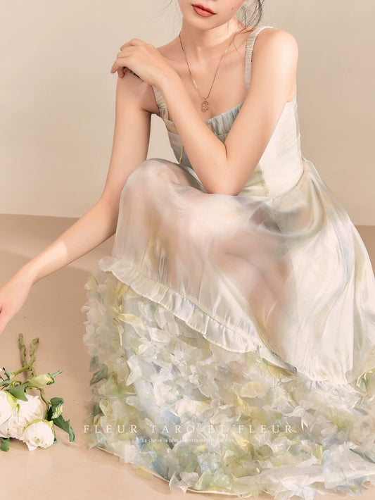 Qiao and Huazun丨Heavy Industry Smudged Mermaid Suspender Skirt Niche Design Resort Style Art Student Dress Summer