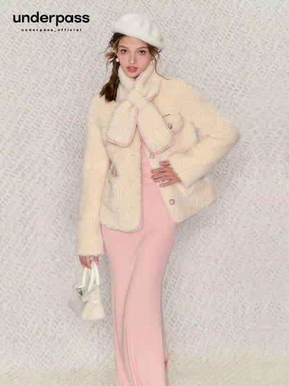 Underpass Original Off-White Dianjin Xiaoxiang Style Contrast Color Lace Plush Velvet Thickened Warm Short Jacket for Women