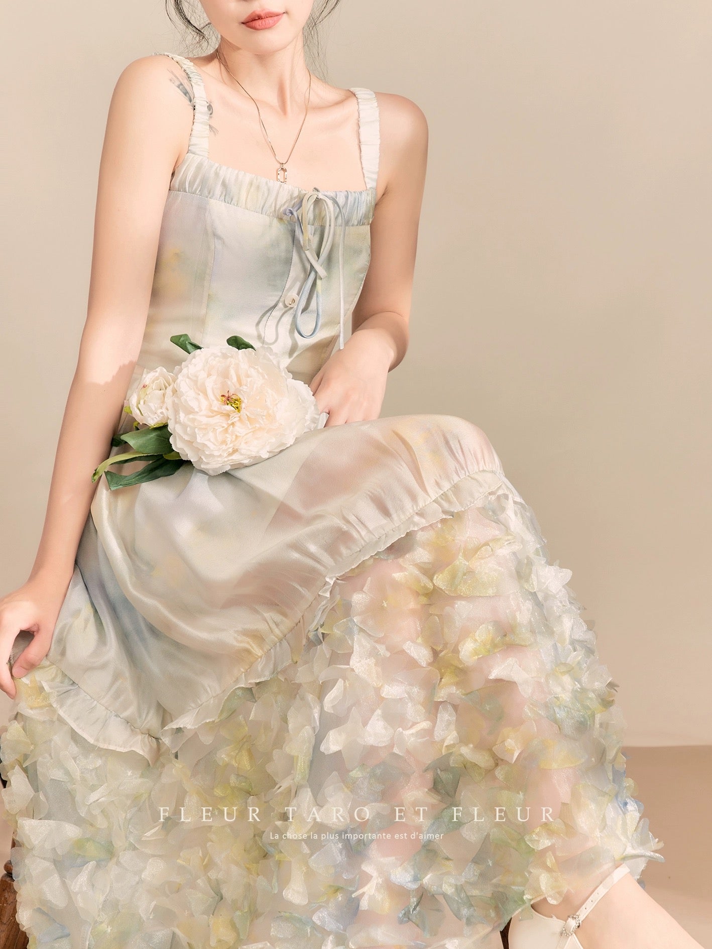 Qiao and Huazun丨Heavy Industry Smudged Mermaid Suspender Skirt Niche Design Resort Style Art Student Dress Summer