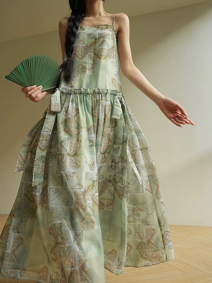 Aconiconi｜By the Seine River, French retro print niche literary holiday suspender skirt with big swing dress