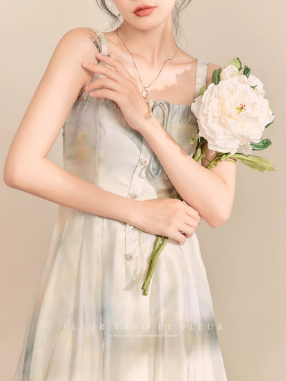 Qiao and Huazun丨Heavy Industry Smudged Mermaid Suspender Skirt Niche Design Resort Style Art Student Dress Summer