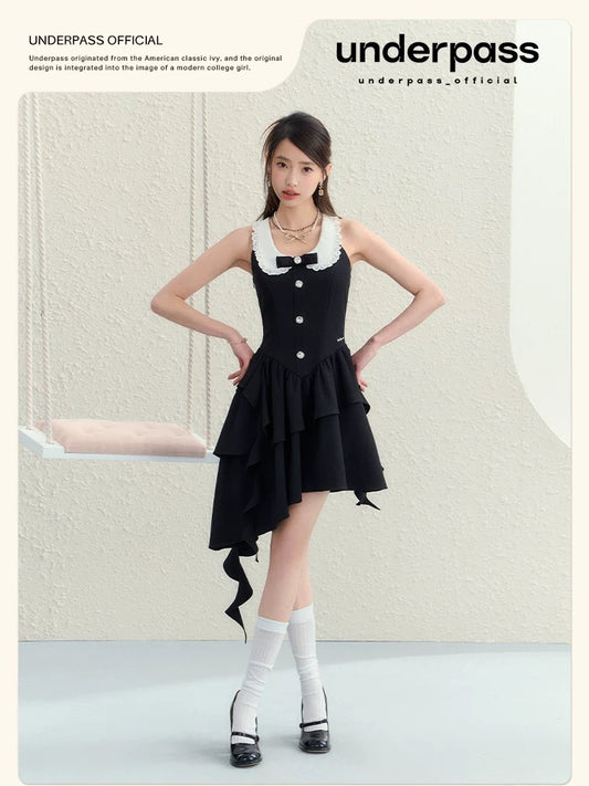 Underpass original design daughter-in-law lace doll collar niche contrasting color irregular dress for women