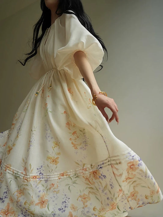 Aconiconi｜Muchunfeng French lazy and relaxed high-end printed holiday loose long dress