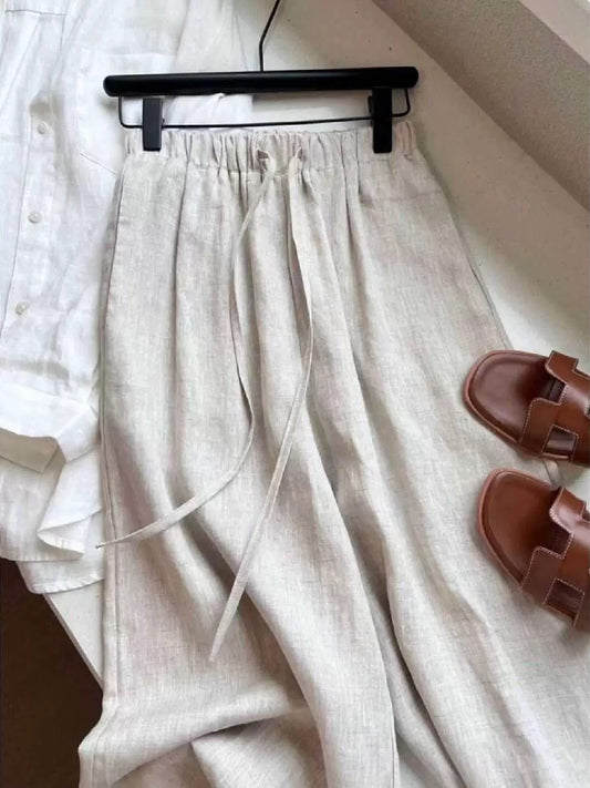 High waist linen brown wide leg pants summer thin niche fashion loose slim mopping pants cotton linen women's pants