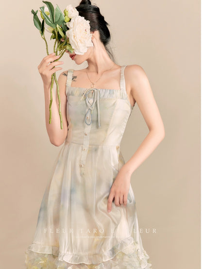 Qiao and Huazun丨Heavy Industry Smudged Mermaid Suspender Skirt Niche Design Resort Style Art Student Dress Summer