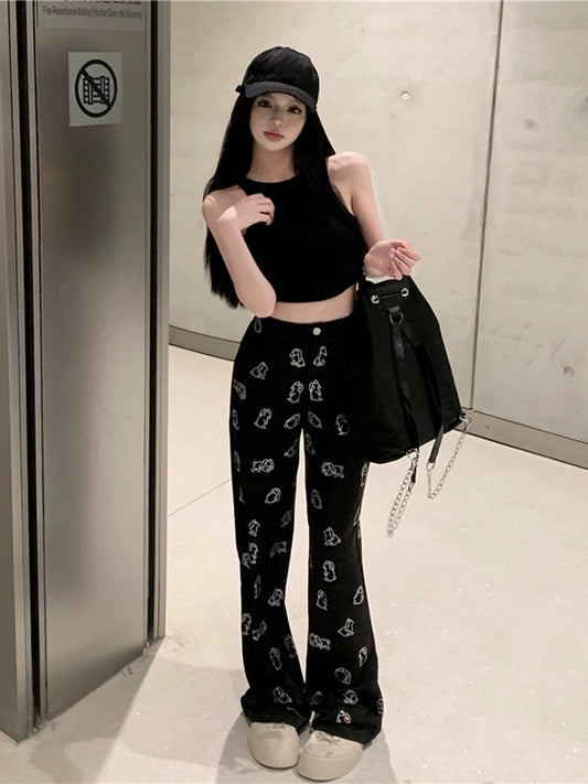 Diamond-encrusted casual pants for women spring 2024 new black high-waisted straight trousers loose wide-leg drapey floor-length trousers