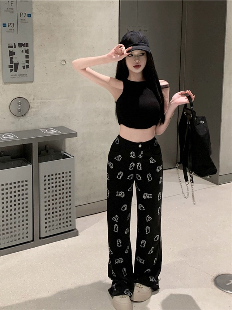 Diamond-encrusted casual pants for women spring 2024 new black high-waisted straight trousers loose wide-leg drapey floor-length trousers