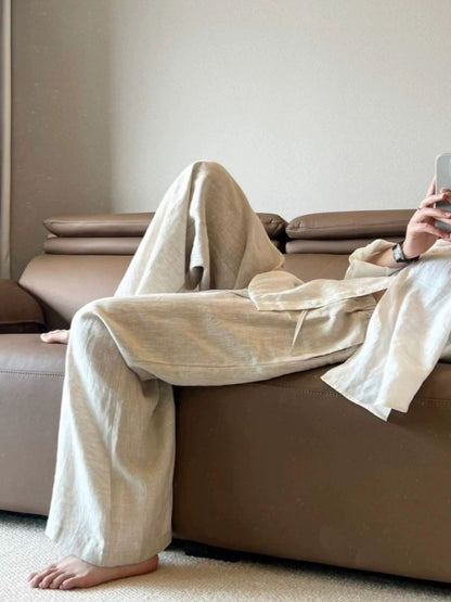 High waist linen brown wide leg pants summer thin niche fashion loose slim mopping pants cotton linen women's pants