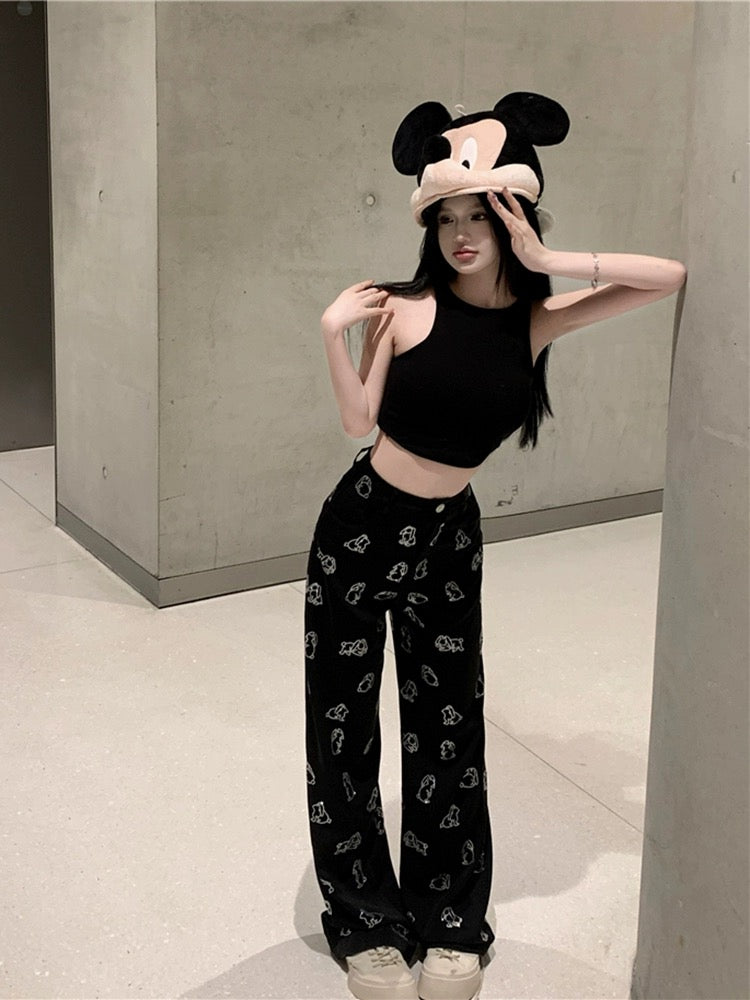 Diamond-encrusted casual pants for women spring 2024 new black high-waisted straight trousers loose wide-leg drapey floor-length trousers