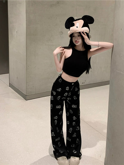 Diamond-encrusted casual pants for women spring 2024 new black high-waisted straight trousers loose wide-leg drapey floor-length trousers