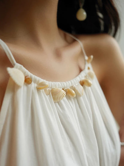 Aconiconi｜Beihai French niche design atmosphere embroidered suspender dress holiday style white long dress