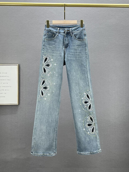 Narrow version of denim straight pants for women, 2024 new summer high-waisted slim-fitting European hot diamond floor-length trousers
