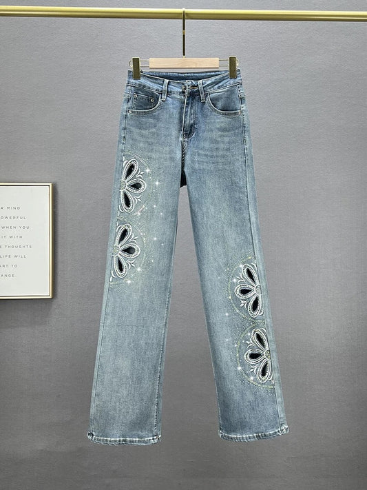 Narrow version of denim straight pants for women, 2024 new summer high-waisted slim-fitting European hot diamond floor-length trousers