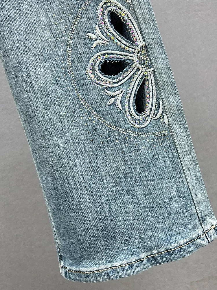 Narrow version of denim straight pants for women, 2024 new summer high-waisted slim-fitting European hot diamond floor-length trousers