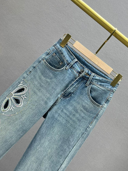 Narrow version of denim straight pants for women, 2024 new summer high-waisted slim-fitting European hot diamond floor-length trousers