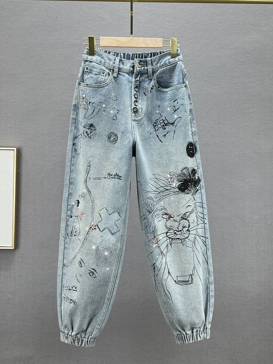 Women's Trendy Harem Jeans 2024 New Spring High Waisted Loose Slimming European Printed Hot Diamond Dad Pants