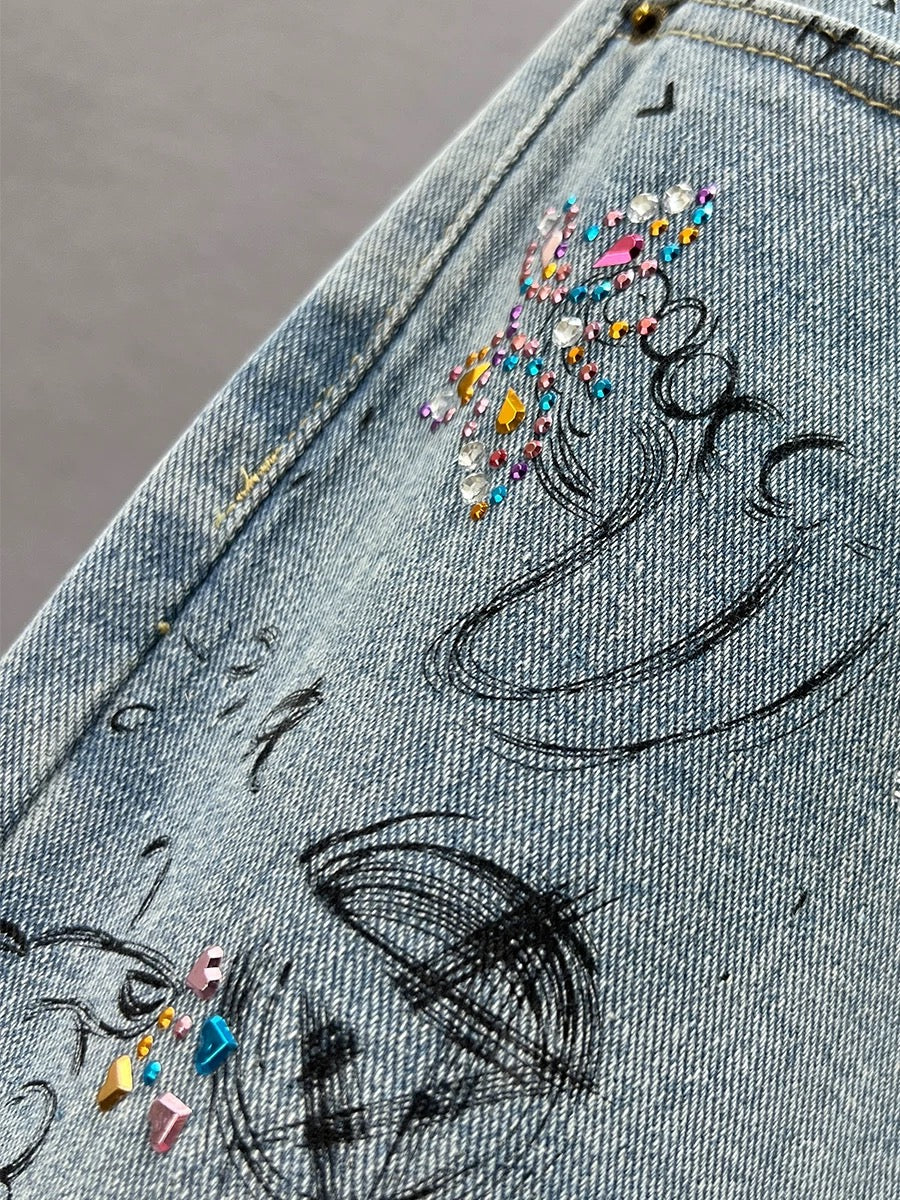 Women's Trendy Harem Jeans 2024 New Spring High Waisted Loose Slimming European Printed Hot Diamond Dad Pants