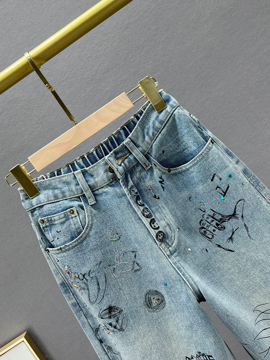 Women's Trendy Harem Jeans 2024 New Spring High Waisted Loose Slimming European Printed Hot Diamond Dad Pants